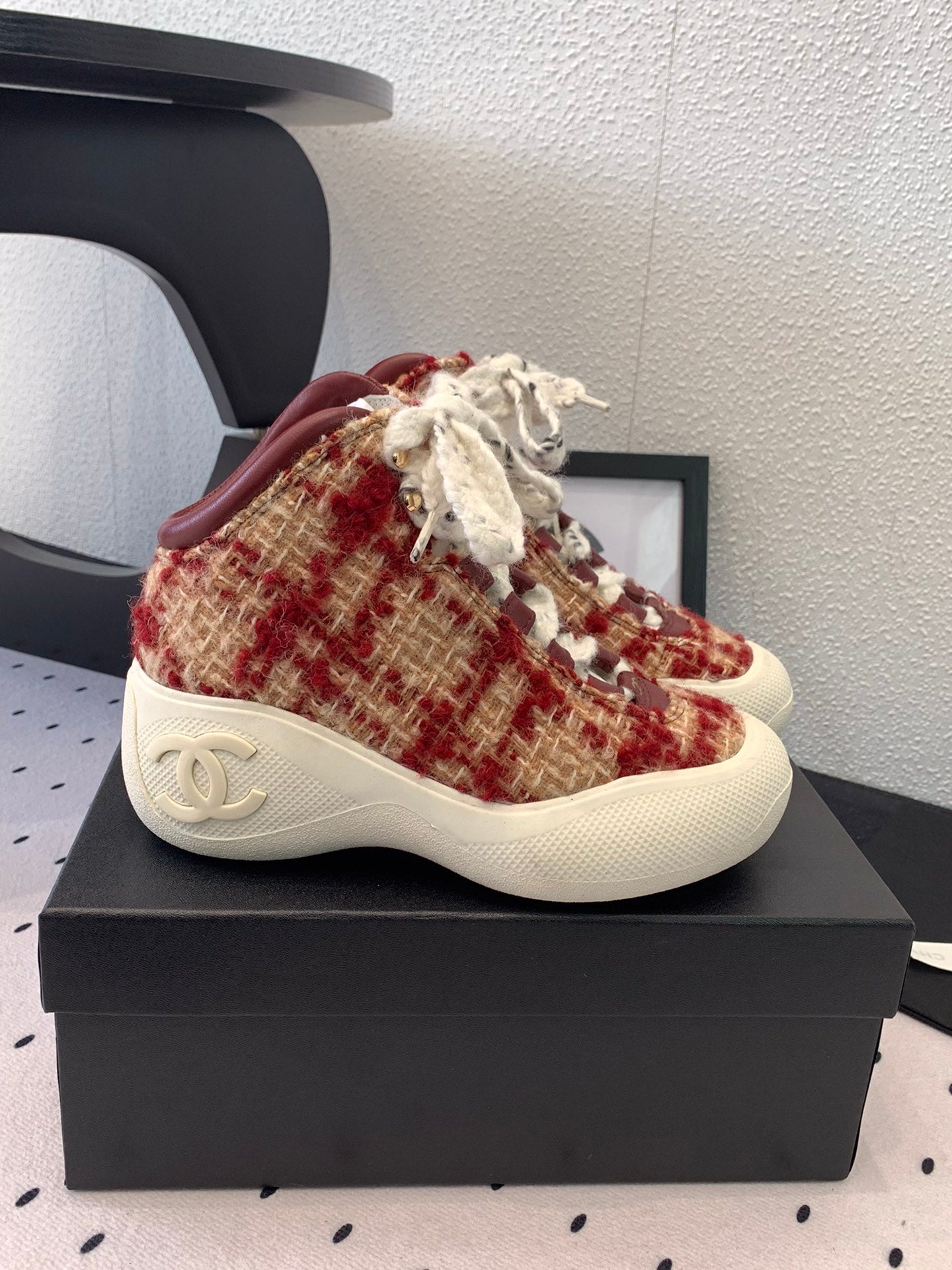 CC Sneaker Boots In Red Mix Beige Tweed Fabric 147111