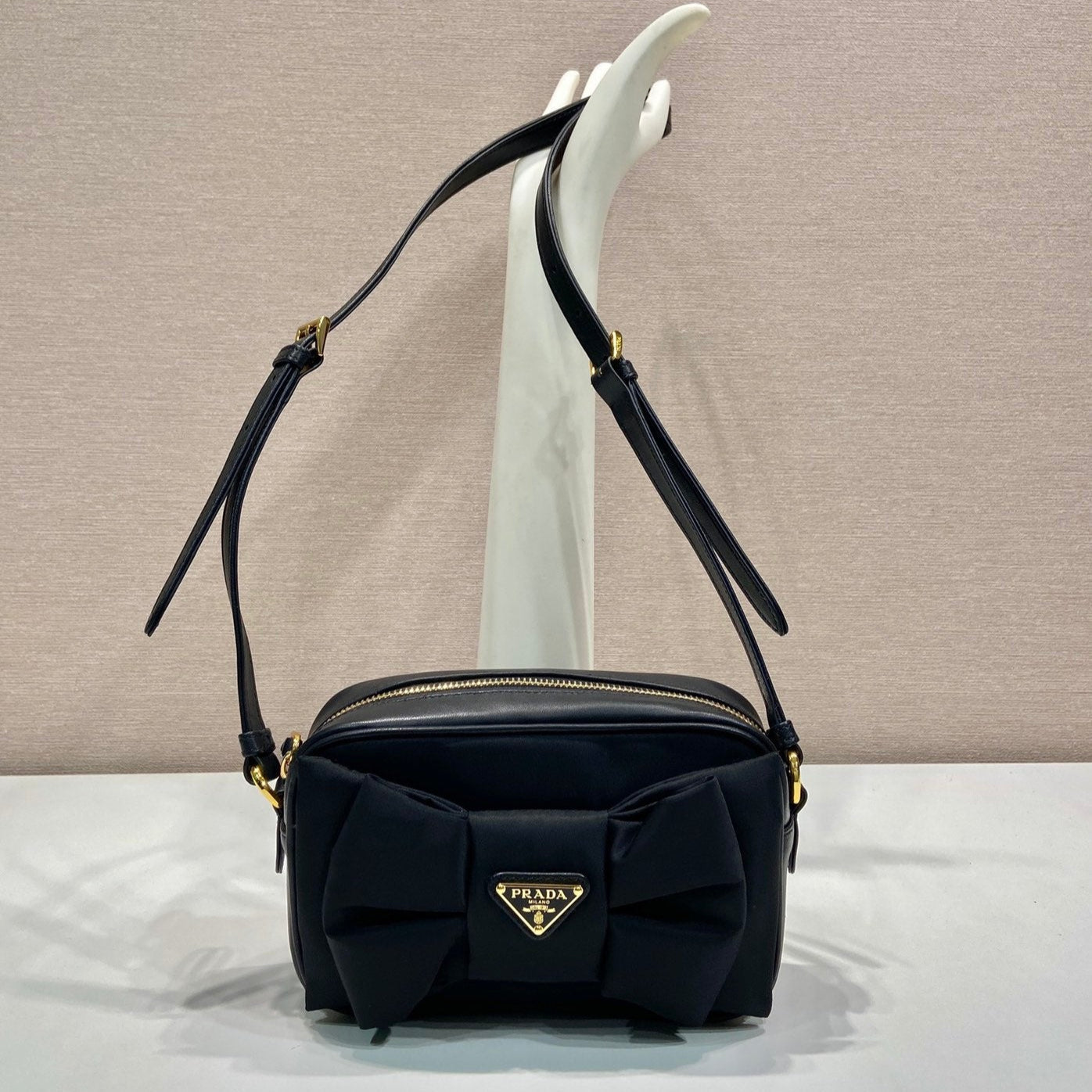 BOW BAG 18 IN BLACK RE-NYLON AND LAMBSKIN