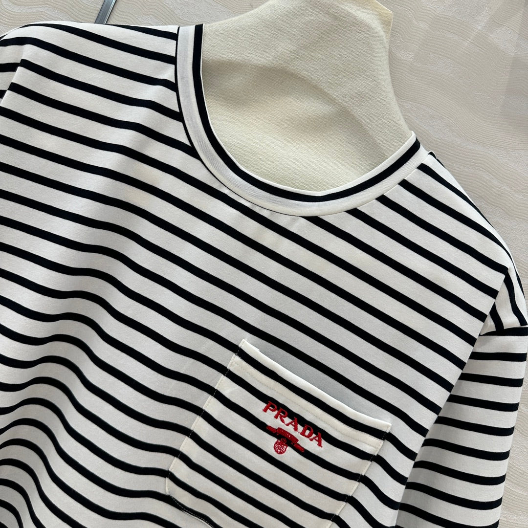 Prada Striped Short-sleeved T-shirt Black mix White Cotton