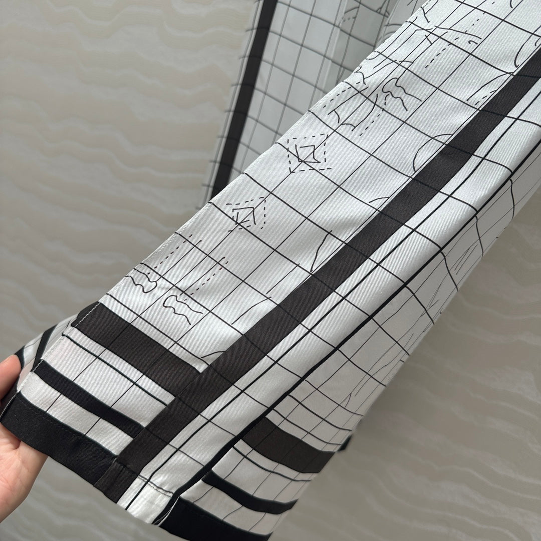 Hm 25 Coaching Deja Vu Wide-leg Straight Pants White Black Silk