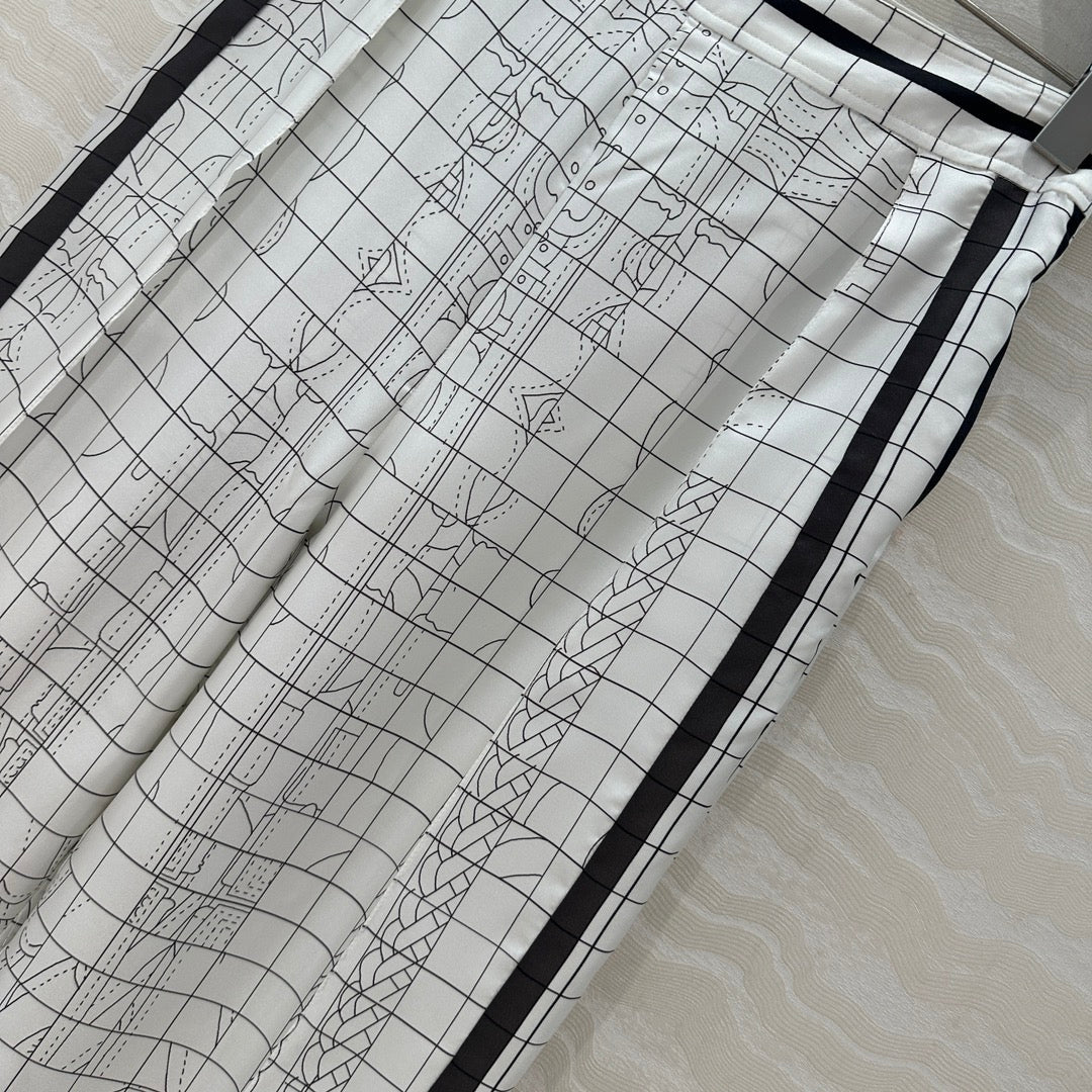 Hm 25 Coaching Deja Vu Wide-leg Straight Pants White Black Silk