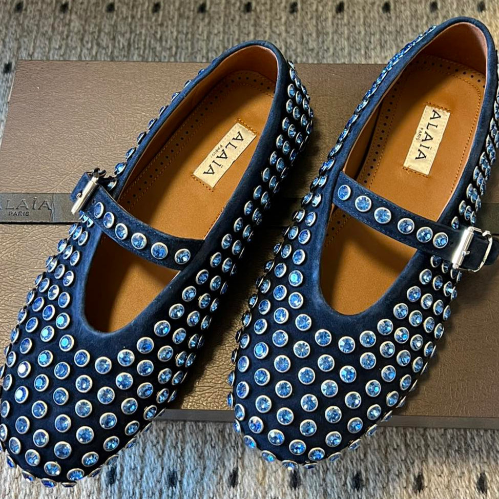 Alaia 25 Strass Ballet Flats Navy Blue Suede Goatskin 303724