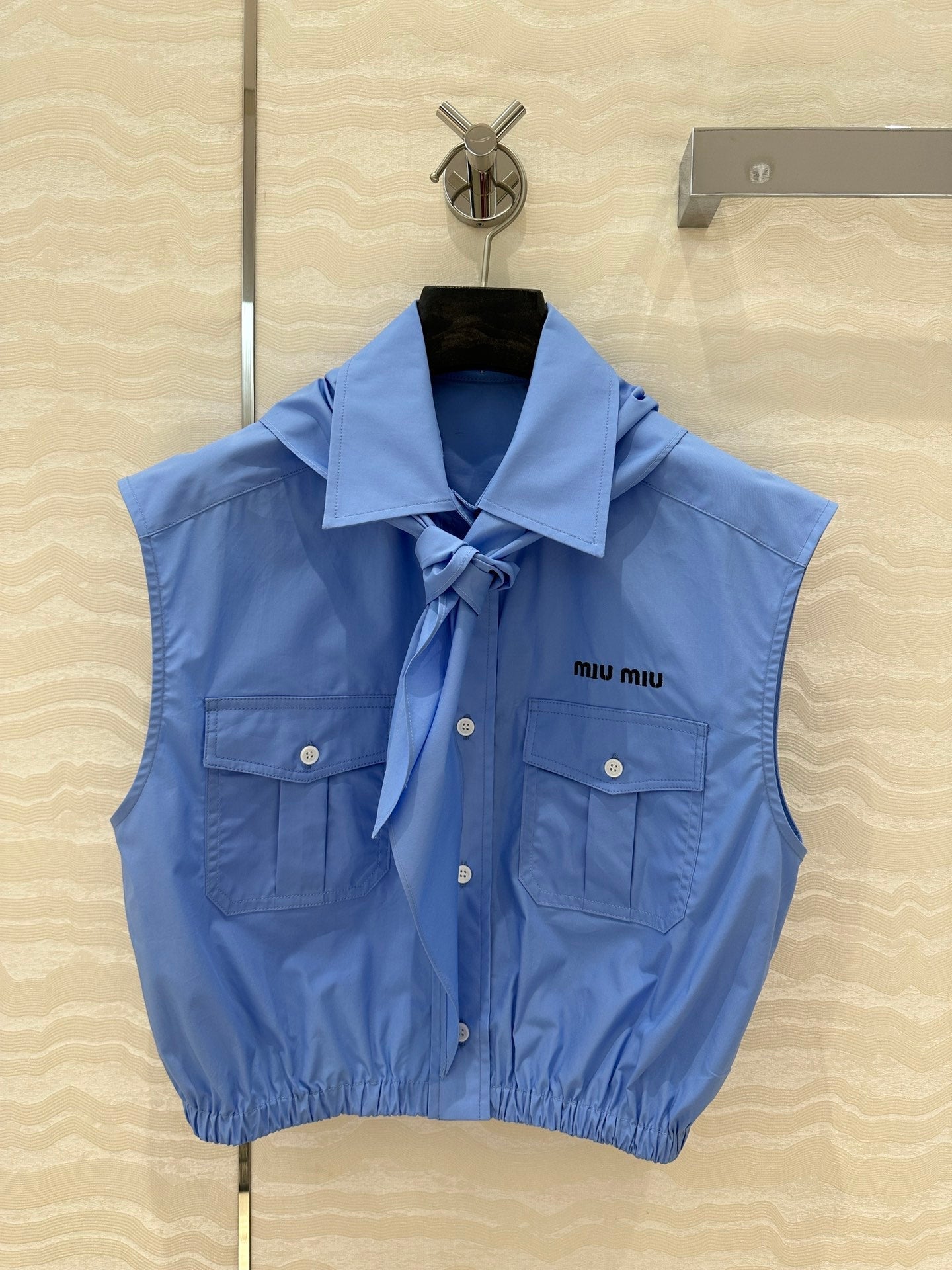 Miu Miu 25 Bow Tie Vest Shirt Blue Cotton