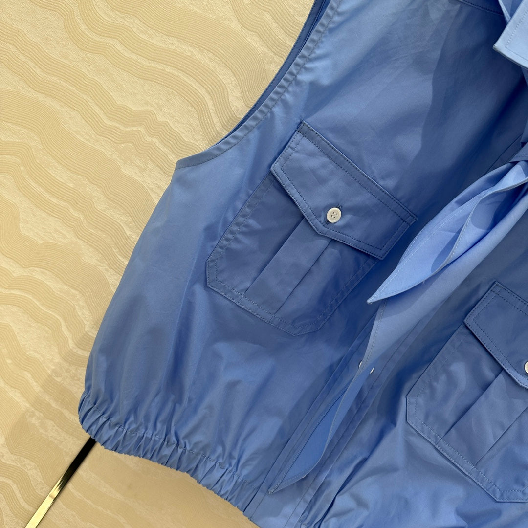 Miu Miu 25 Bow Tie Vest Shirt Blue Cotton