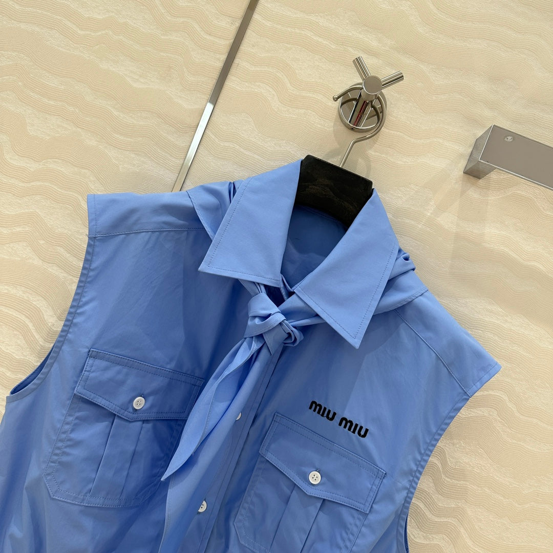 Miu Miu 25 Bow Tie Vest Shirt Blue Cotton