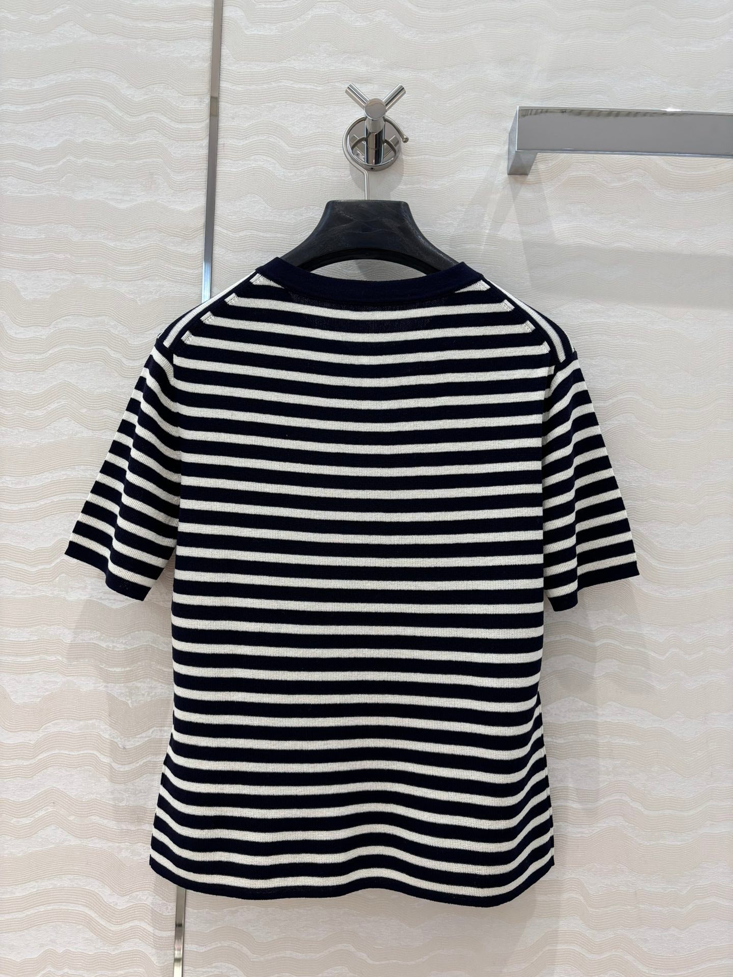 CD Striped Round-neck Knitted Top Navy Blue White Tencel