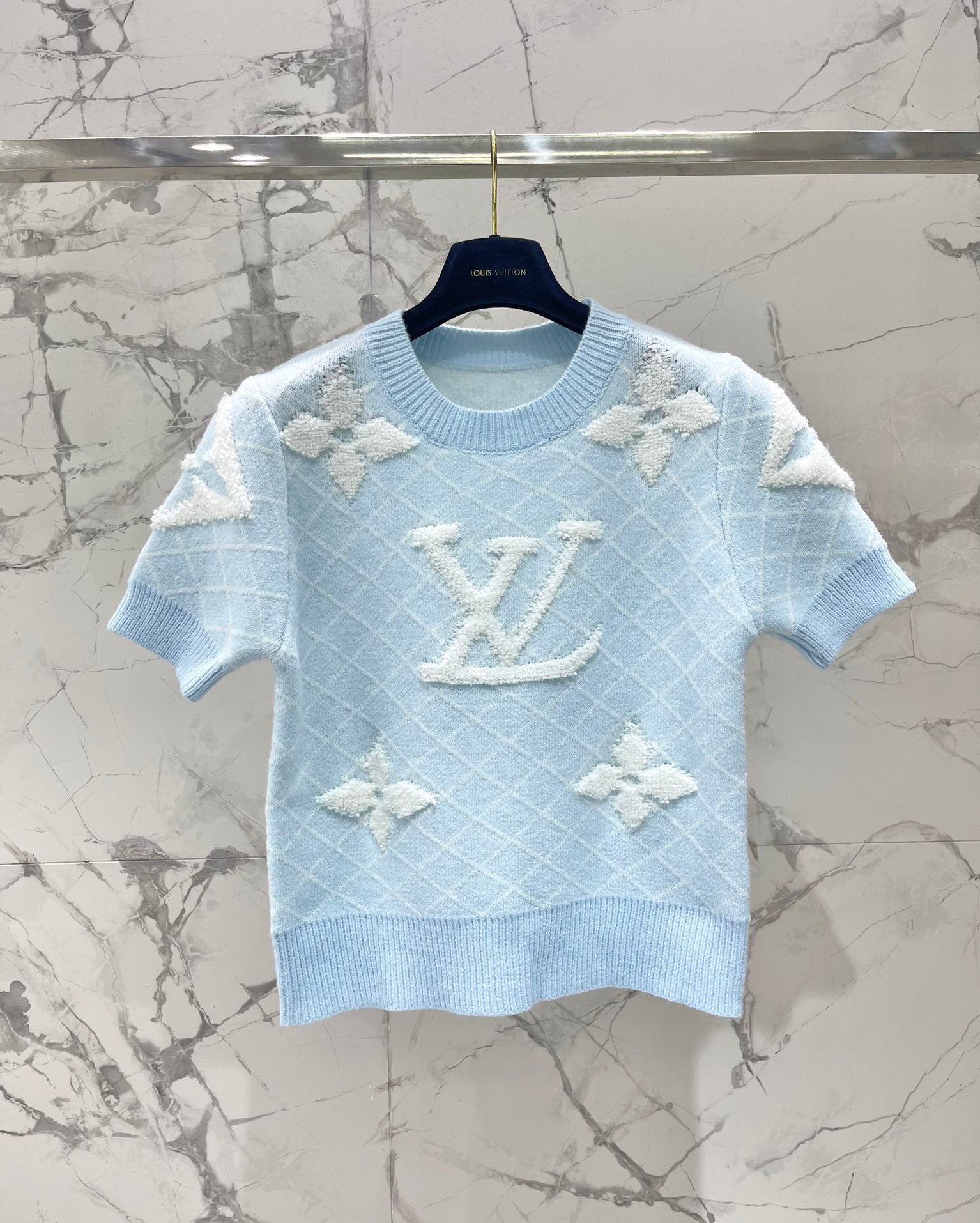 LV Flower T Shirt Light Blue Polyamide Wool