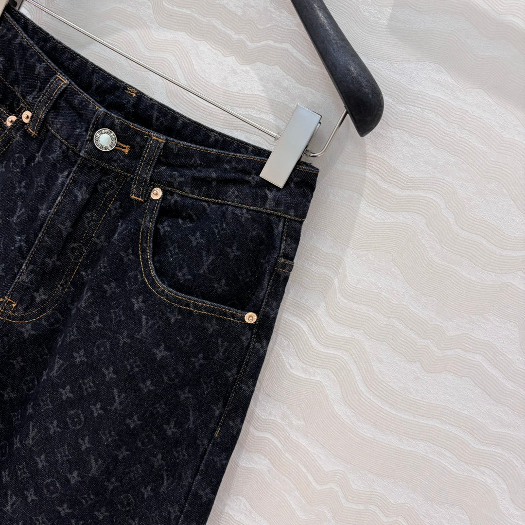 LV 25 Jacquard Logo Denim Trousers Black Cotton