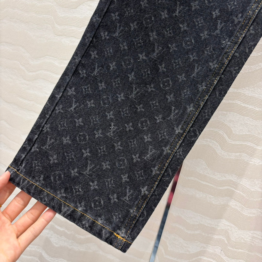 LV 25 Jacquard Logo Denim Trousers Black Cotton