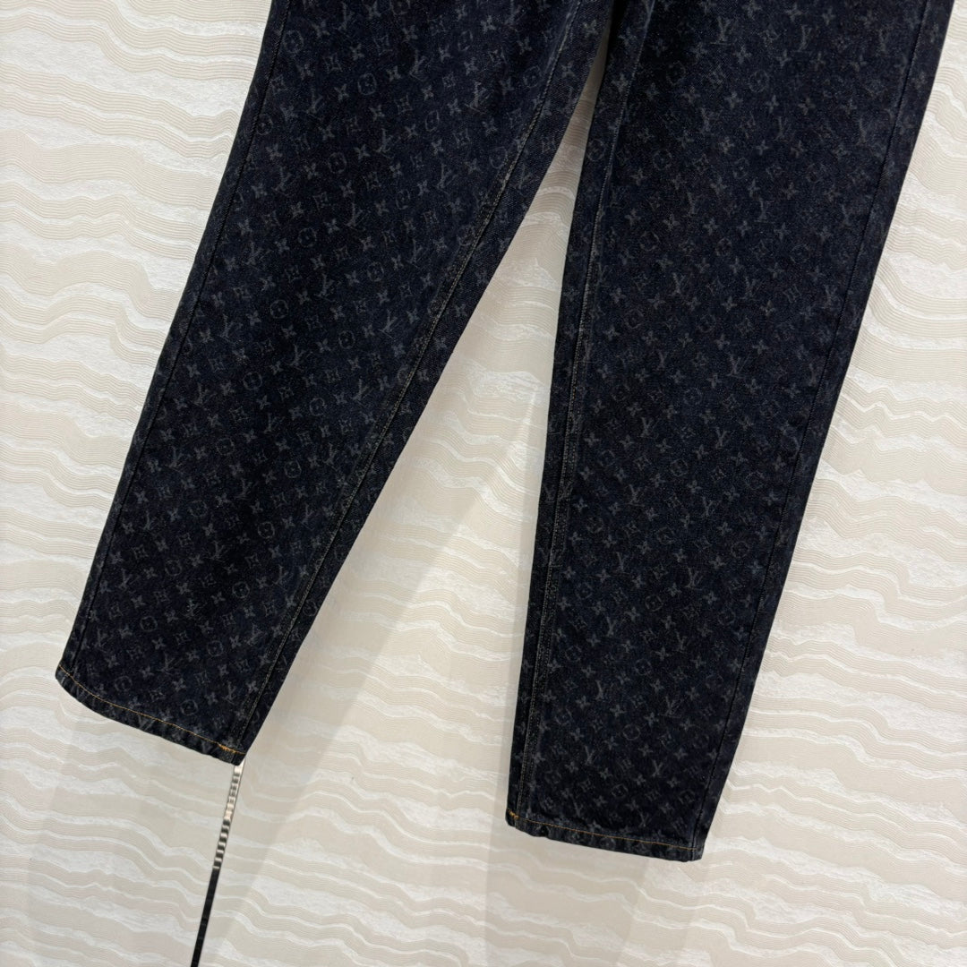 LV 25 Jacquard Logo Denim Trousers Black Cotton