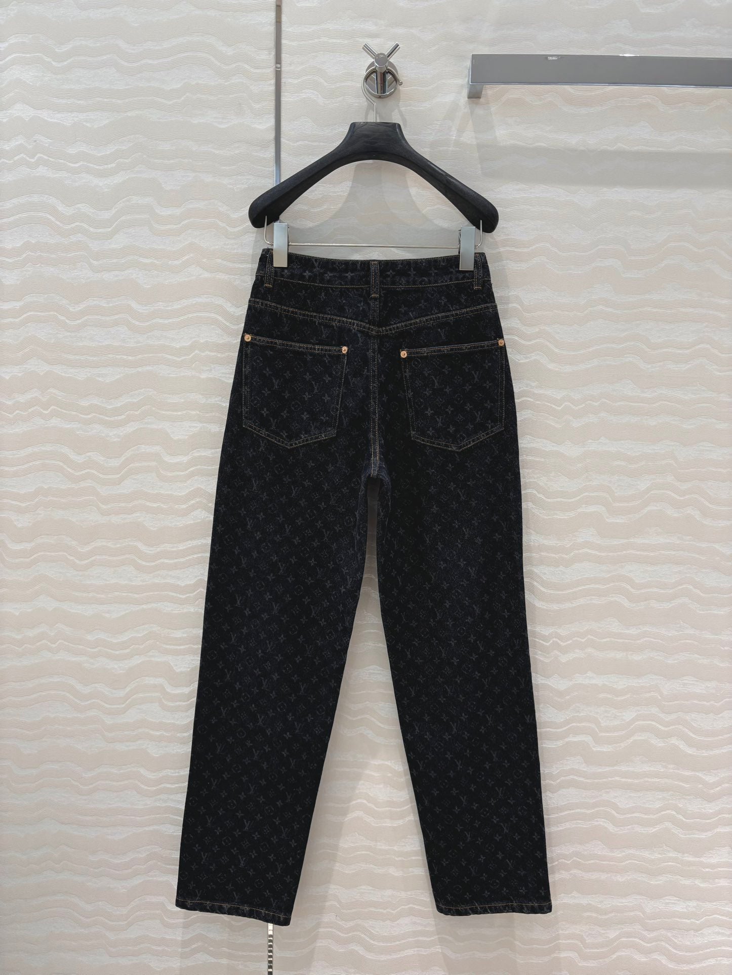 LV 25 Jacquard Logo Denim Trousers Black Cotton
