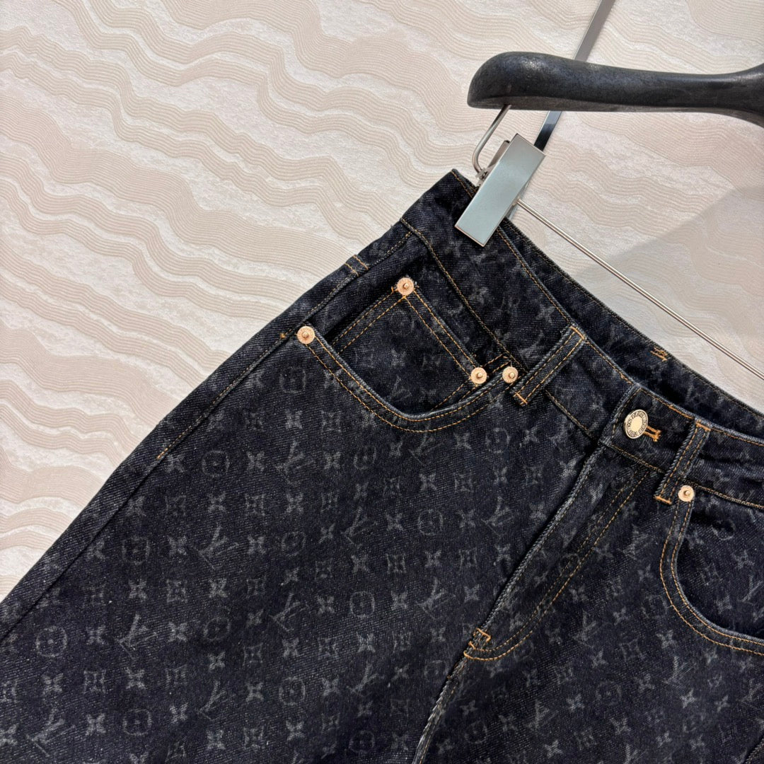 LV 25 Jacquard Logo Denim Trousers Black Cotton