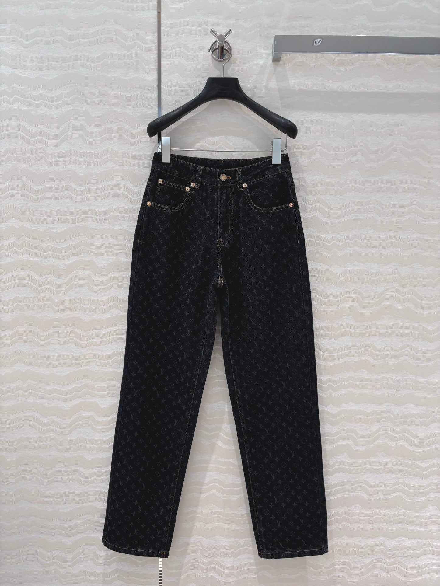 LV 25 Jacquard Logo Denim Trousers Black Cotton