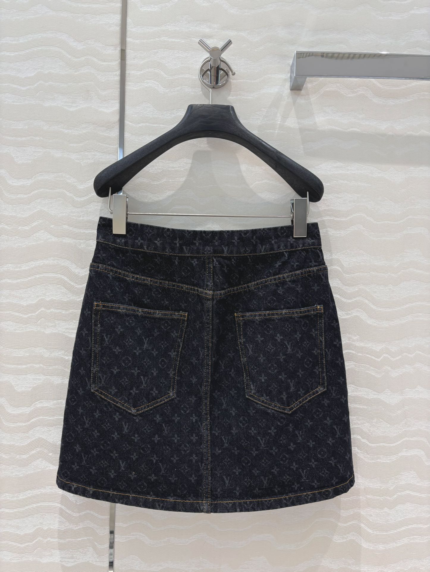 LV 25 Monogram Jacquard Logo Denim Skirt Black Cotton