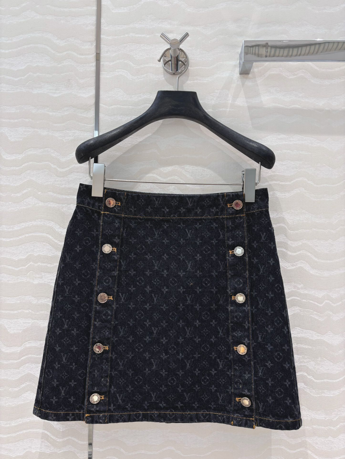 LV 25 Monogram Jacquard Logo Denim Skirt Black Cotton