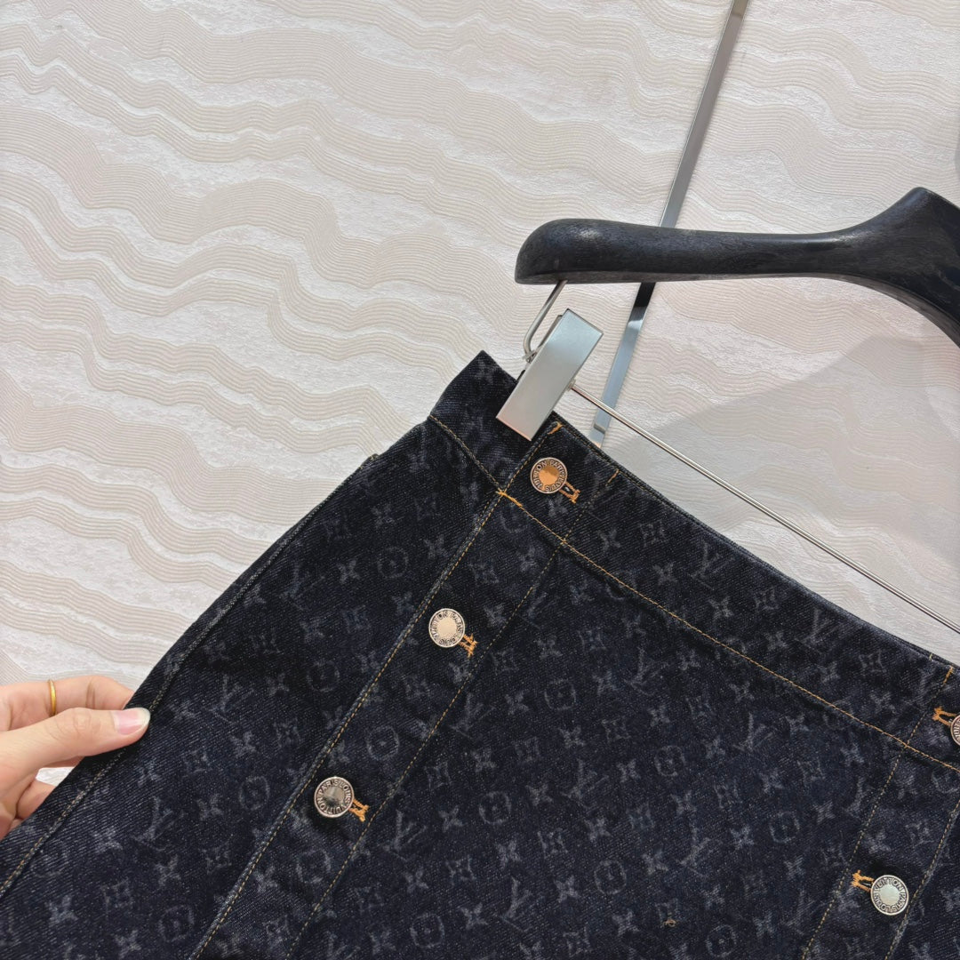 LV 25 Monogram Jacquard Logo Denim Skirt Black Cotton