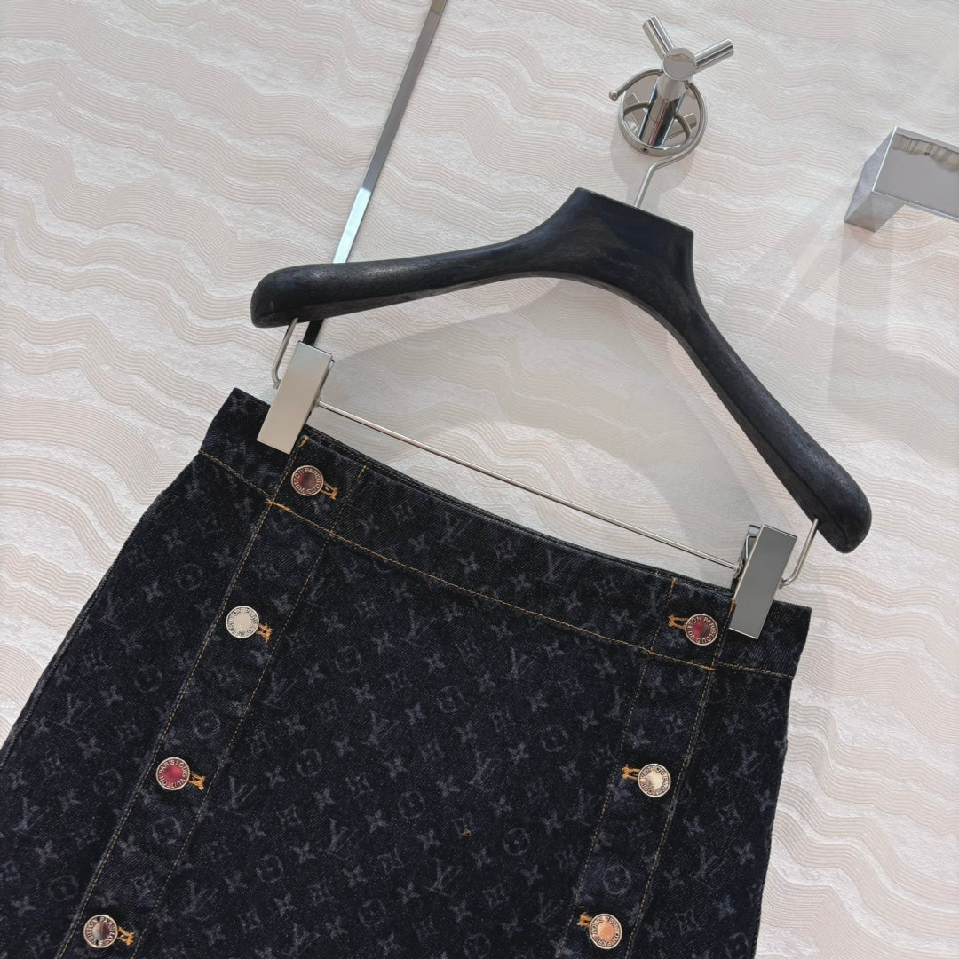 LV 25 Monogram Jacquard Logo Denim Skirt Black Cotton
