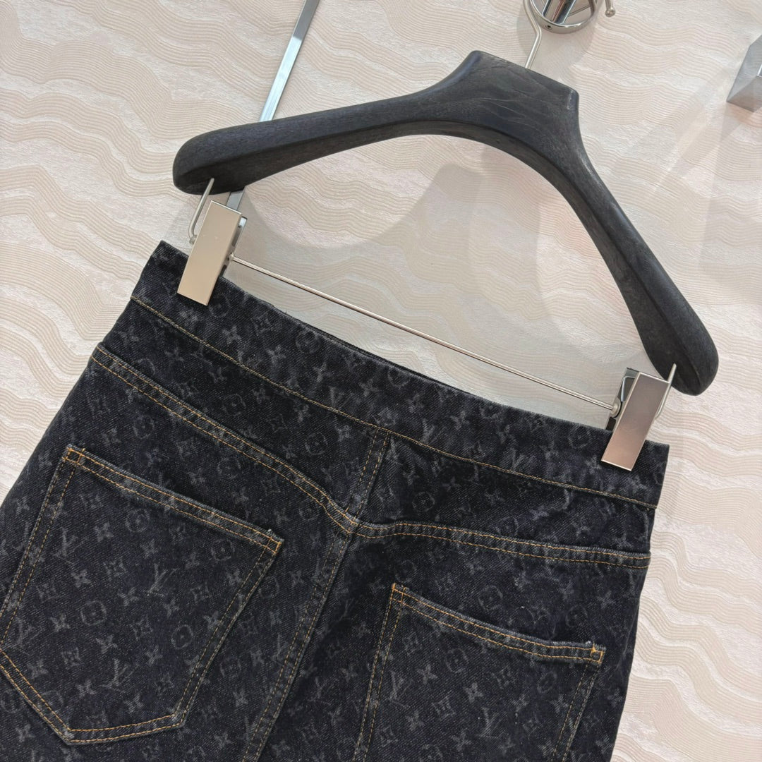 LV 25 Monogram Jacquard Logo Denim Skirt Black Cotton