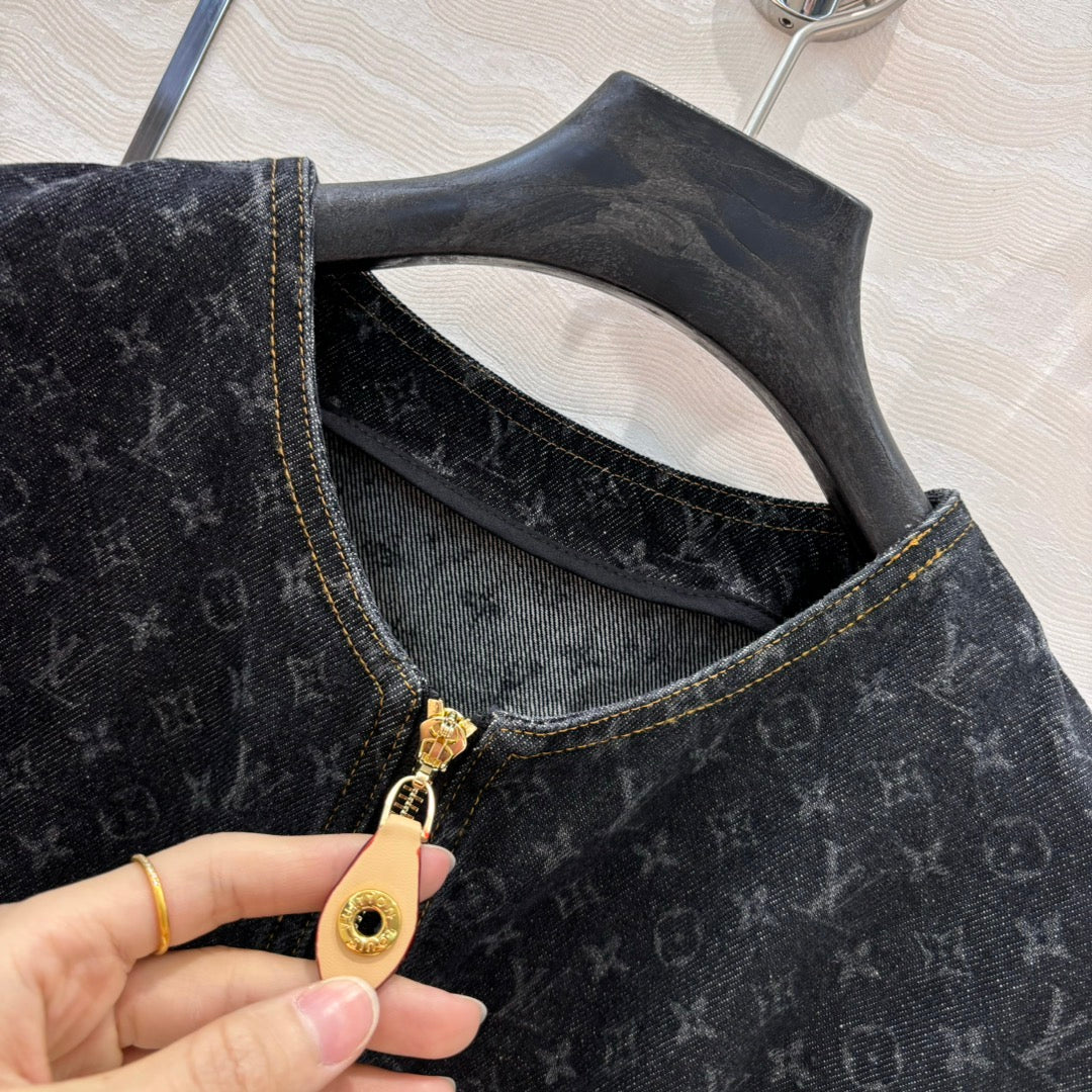 LV 25 Monogram Jacquard Logo Denim Dress Black Cotton