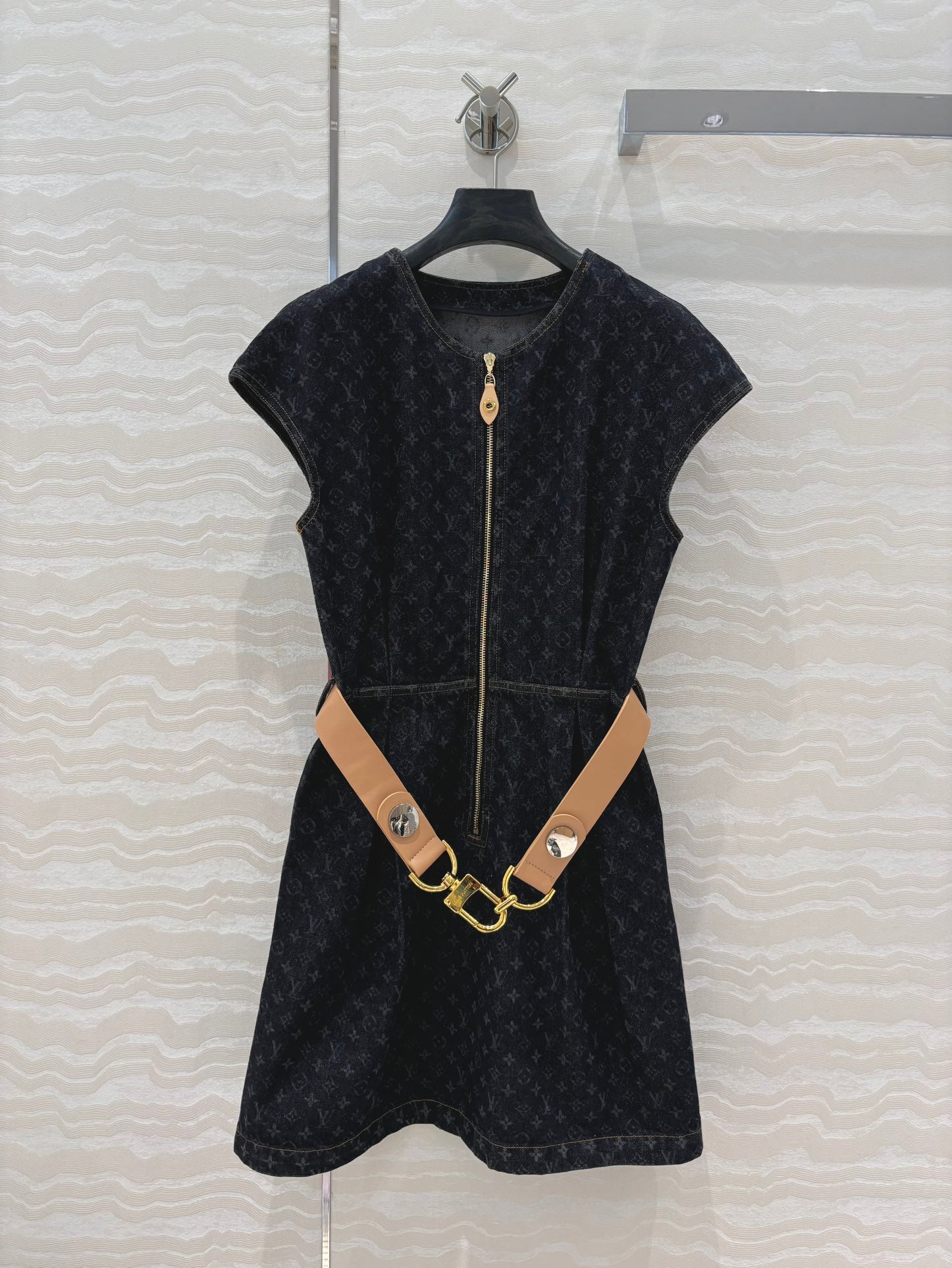 LV 25 Monogram Jacquard Logo Denim Dress Black Cotton