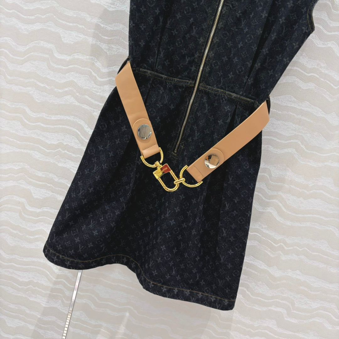 LV 25 Monogram Jacquard Logo Denim Dress Black Cotton