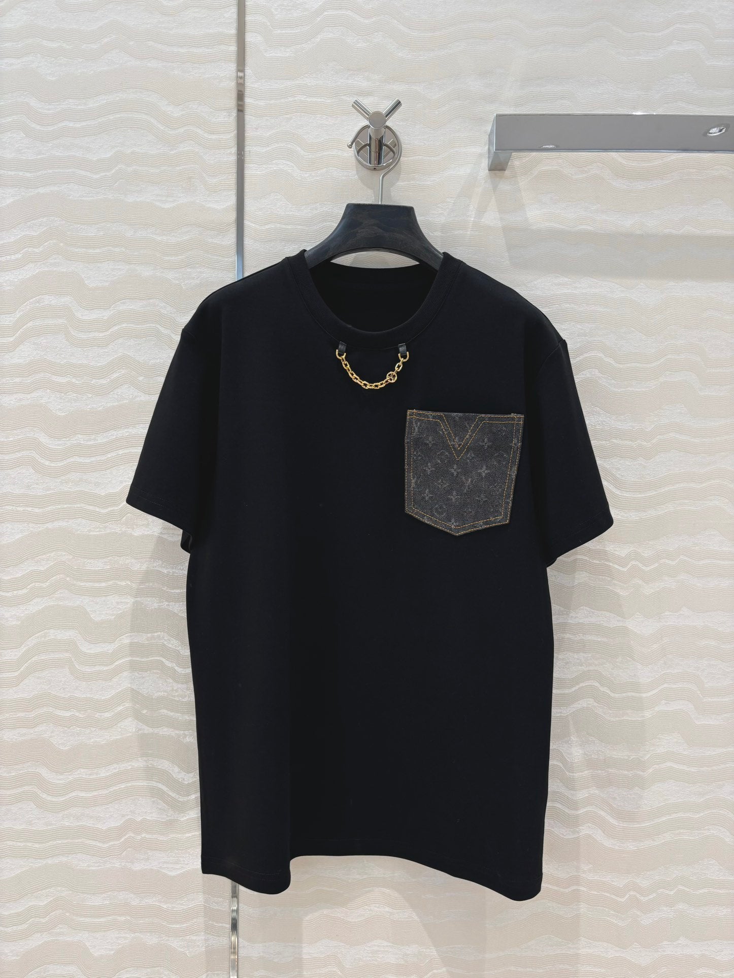 LV 25 Monogram Jacquard Logo Denim T-shirt Black Cotton