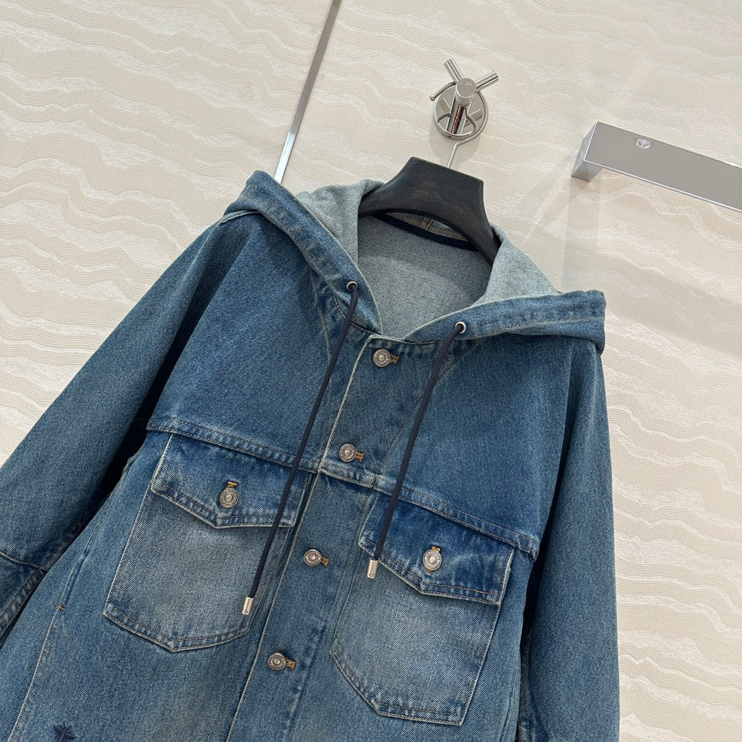 CD Ripped Straight Hooded Jacket Blue Cotton