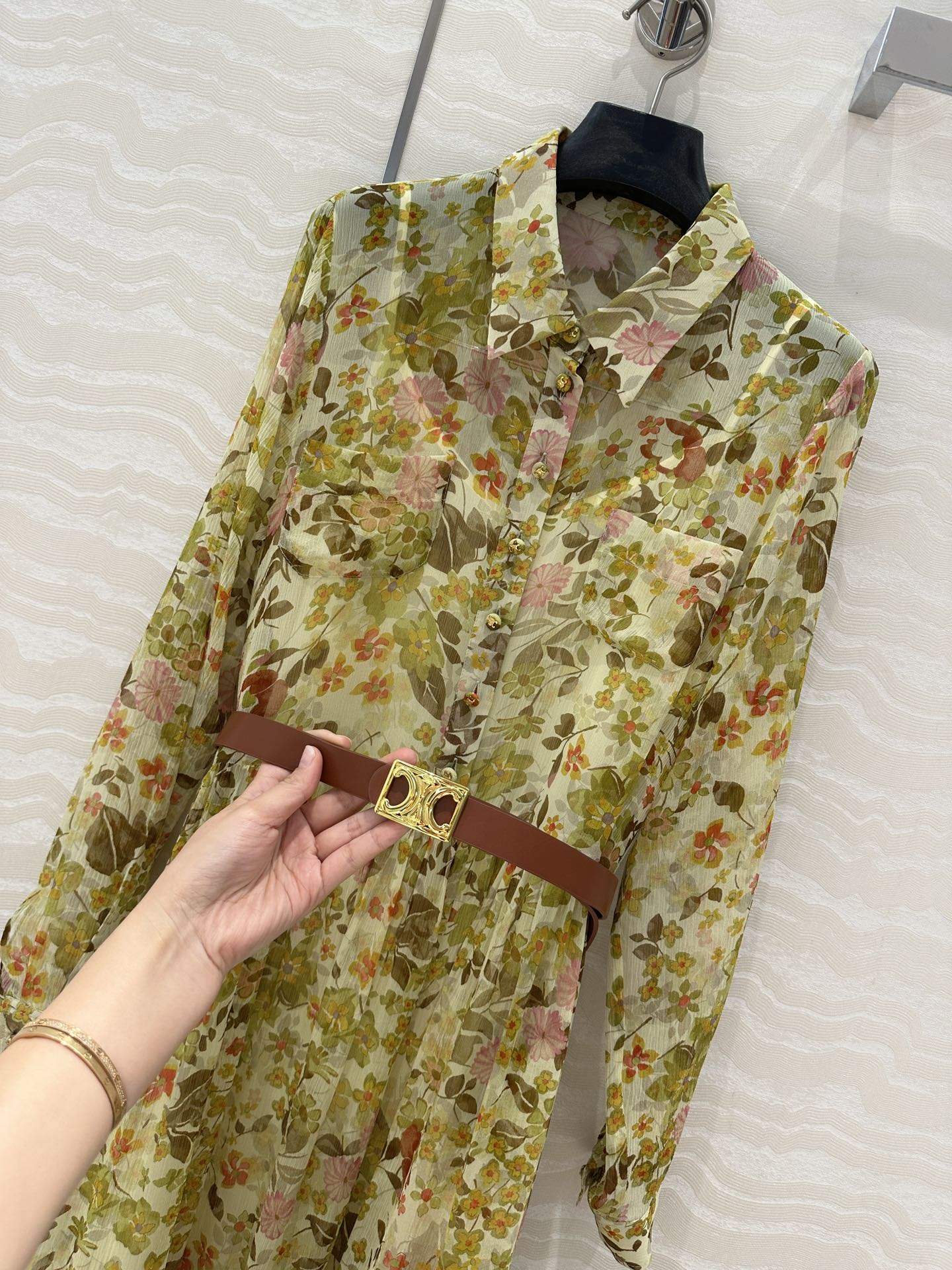 Celine Floral Pattern Dress Green Silk