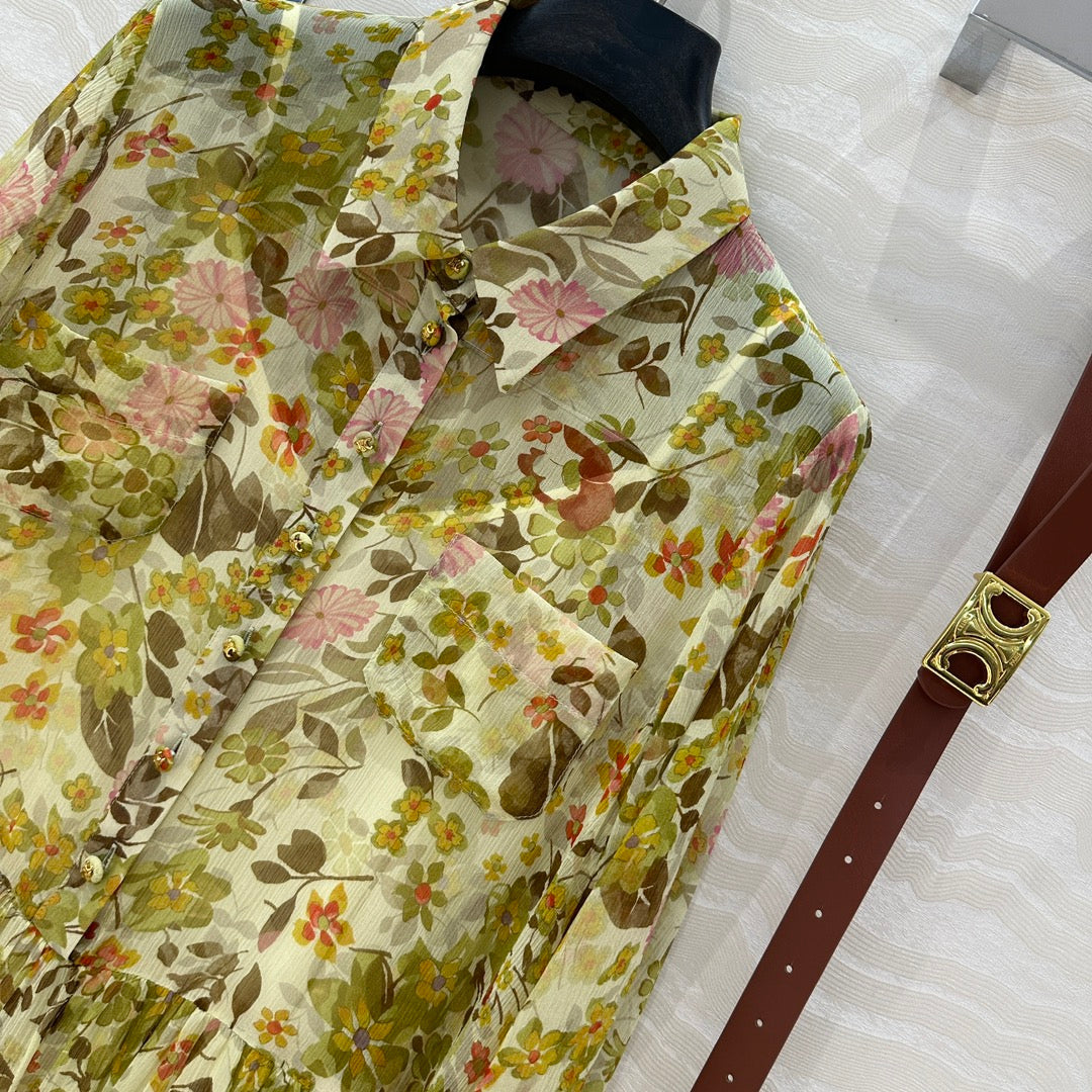 Celine Floral Pattern Dress Green Silk