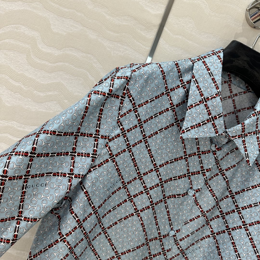 Gucci 25 Monogram Shirt Blue Red Silk