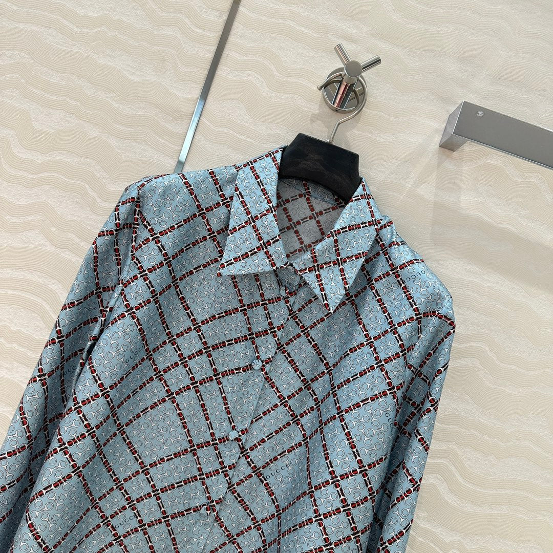 Gucci 25 Monogram Shirt Blue Red Silk