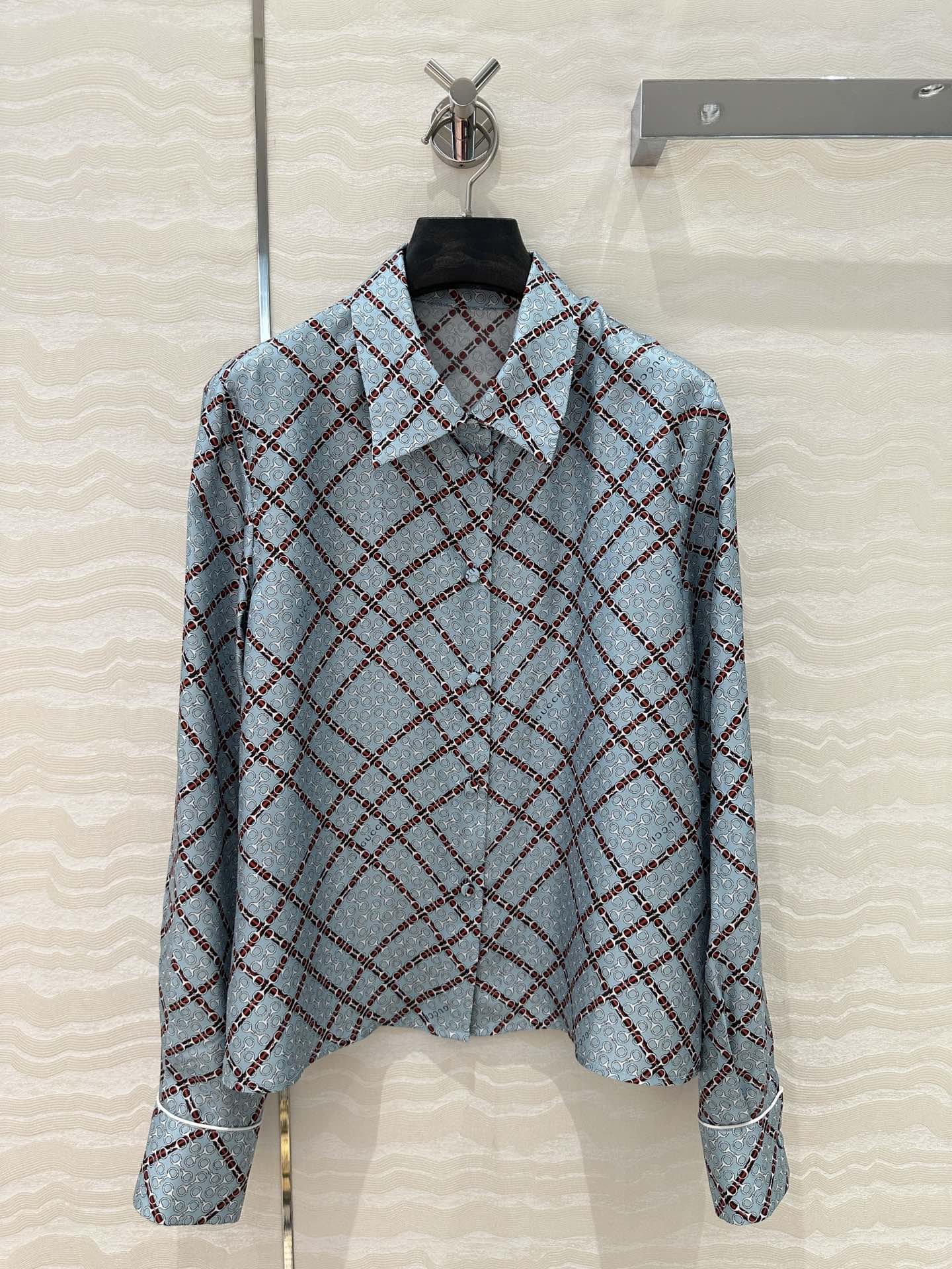Gucci 25 Monogram Shirt Blue Red Silk