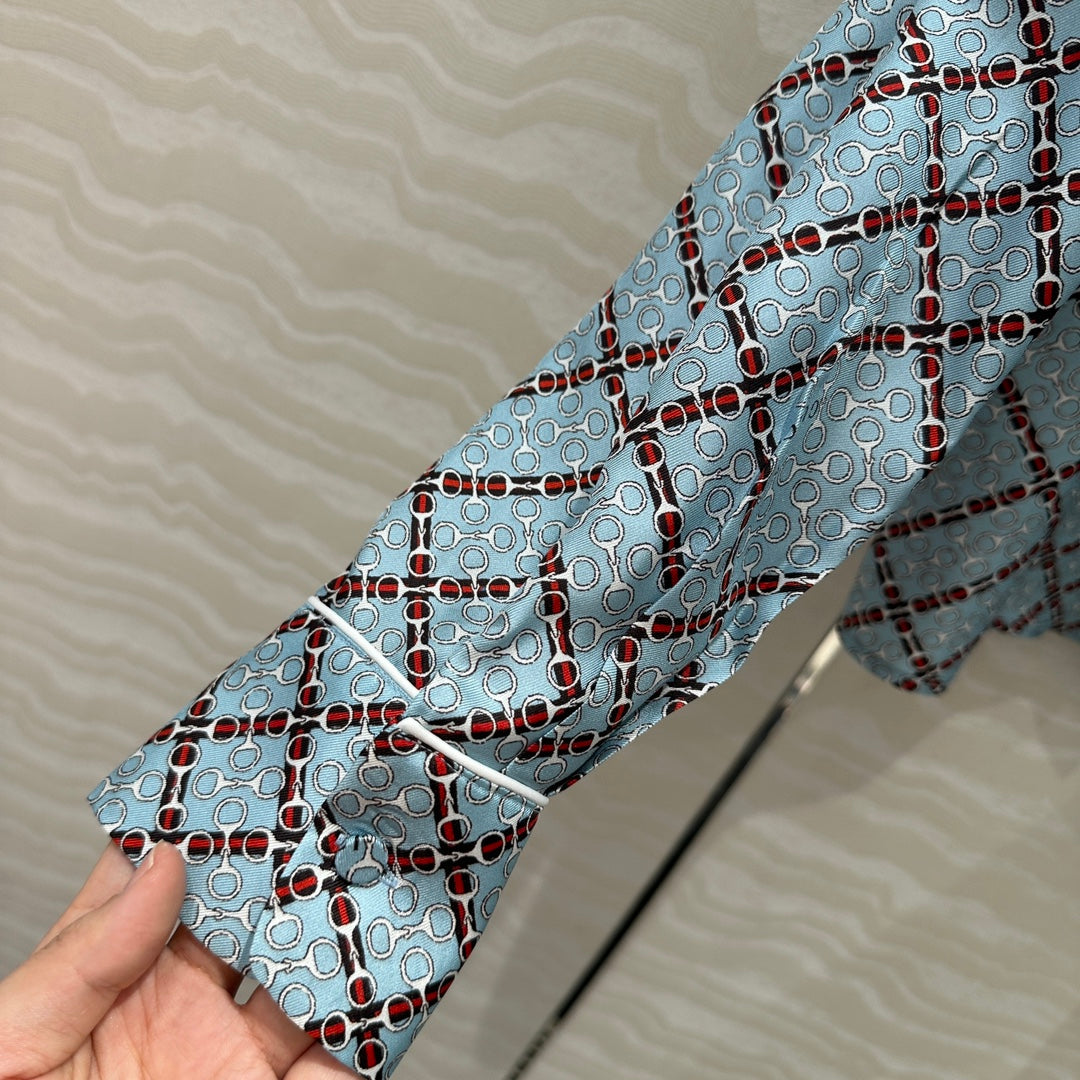 Gucci 25 Monogram Shirt Blue Red Silk