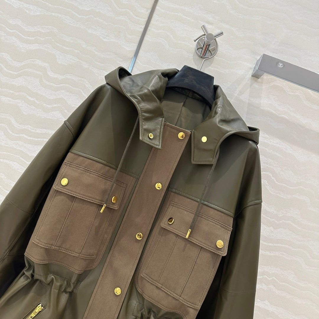 Celine Hooded Jacket Military Green Lambskin