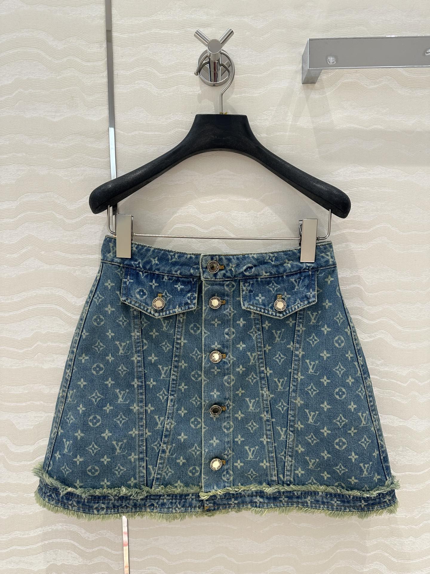 LV Bear Border Denim Skirt Blue Cotton