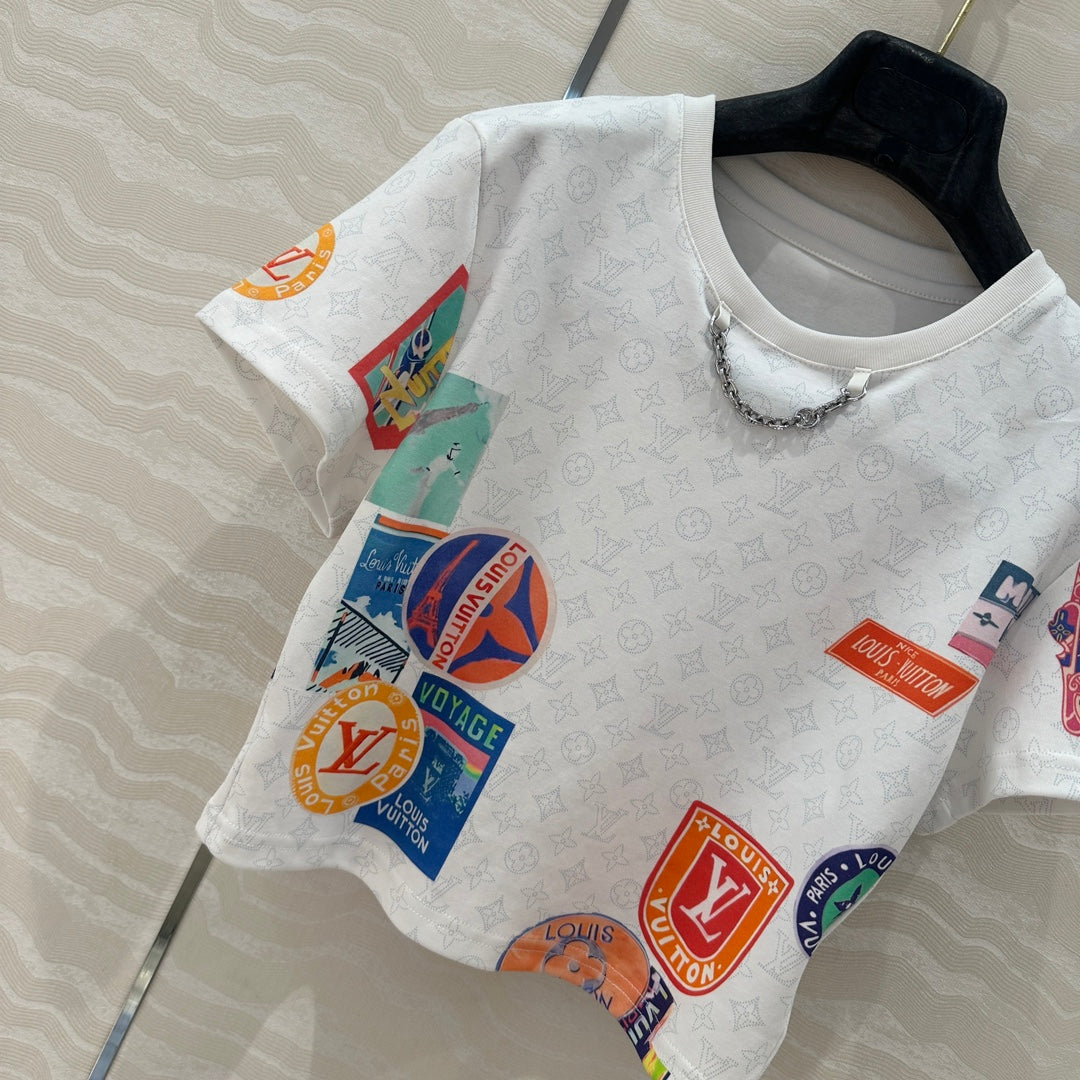 LV  Pattern Logo Positioning Poster Badge Printed  Croptop Shirt White Cotton