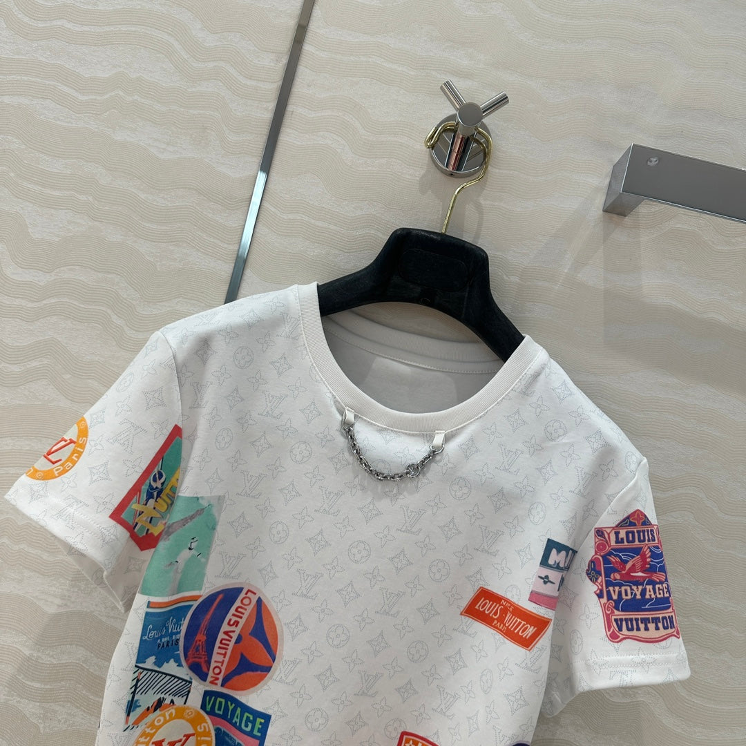 LV  Pattern Logo Positioning Poster Badge Printed  Croptop Shirt White Cotton