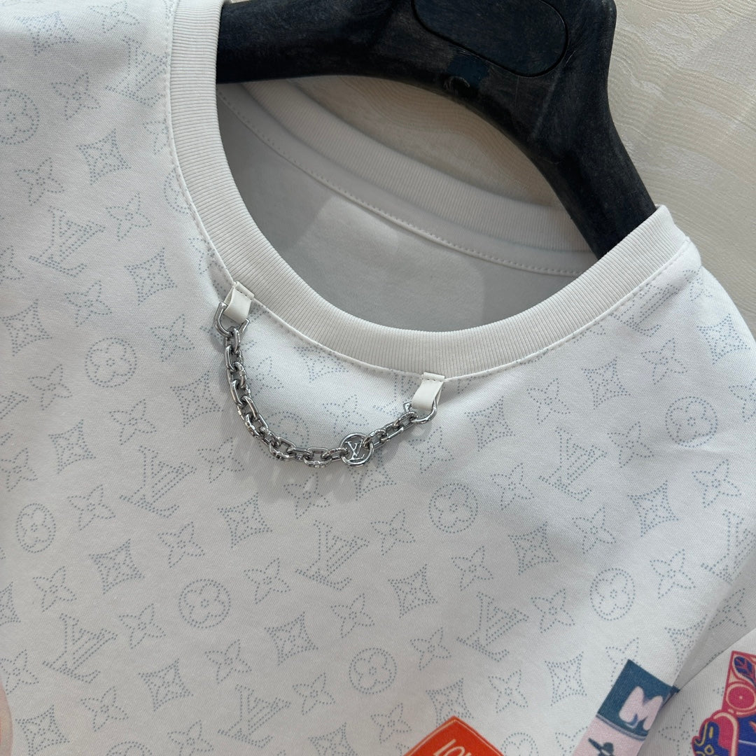 LV  Pattern Logo Positioning Poster Badge Printed  Croptop Shirt White Cotton