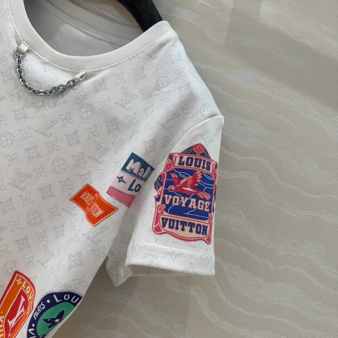 LV  Pattern Logo Positioning Poster Badge Printed  Croptop Shirt White Cotton