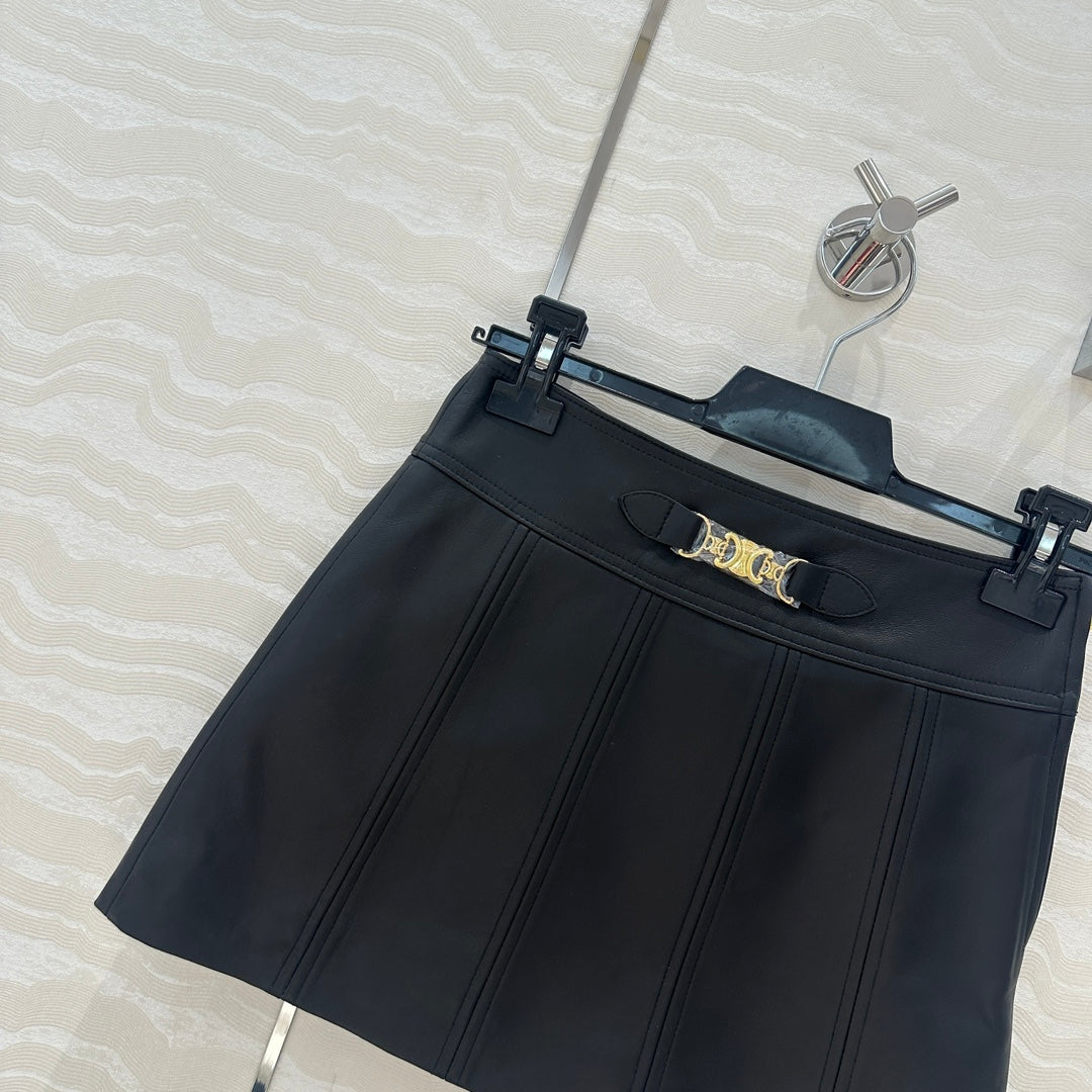 Celine Arc de Triomphe Metal Buckle skirt Black Lambskin