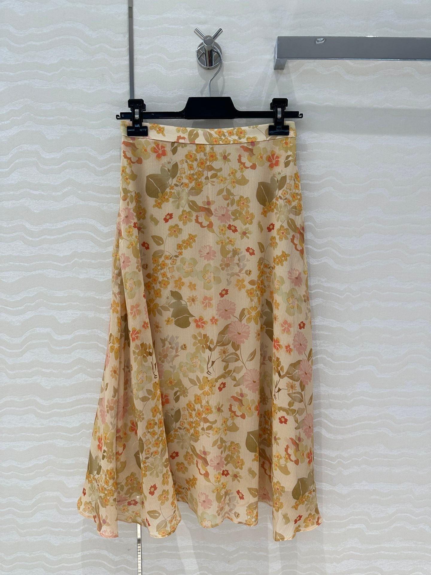 Celine Floral Long Skirt Light Beige Silk