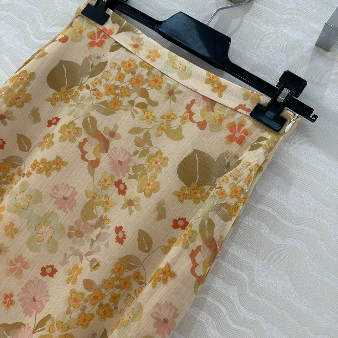 Celine Floral Long Skirt Light Beige Silk