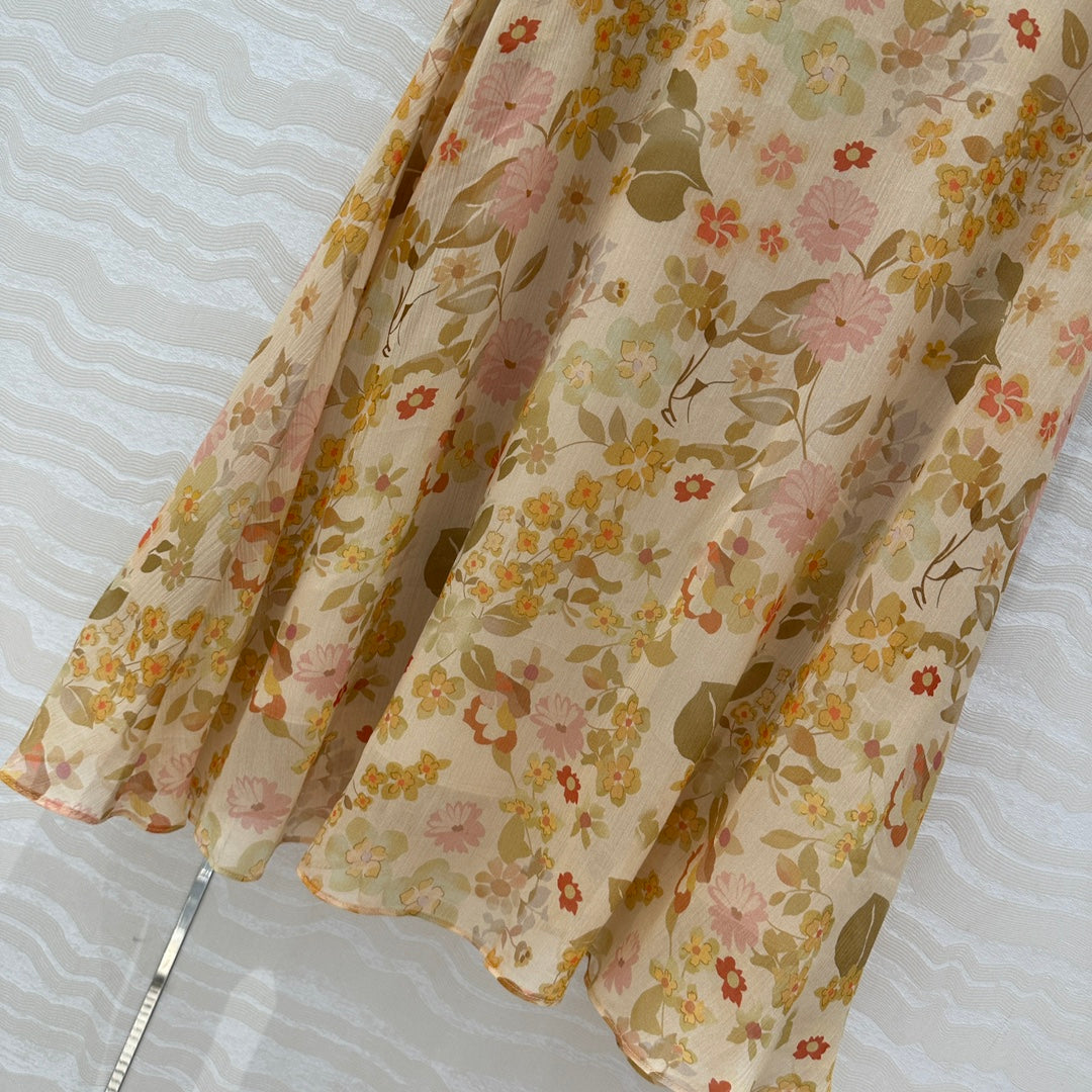 Celine Floral Long Skirt Light Beige Silk