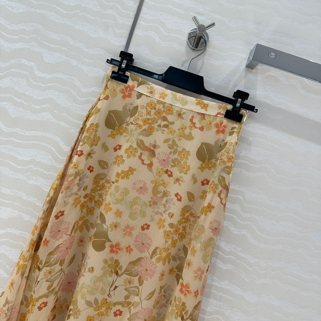 Celine Floral Long Skirt Light Beige Silk
