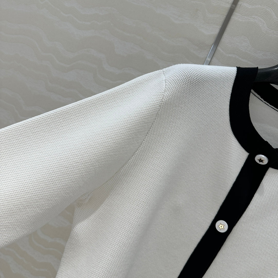 CD Round Neck Cardigan Jacket White Wool Cotton