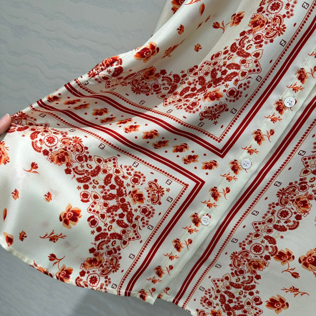 Fendi Flower Shirt Red Silk