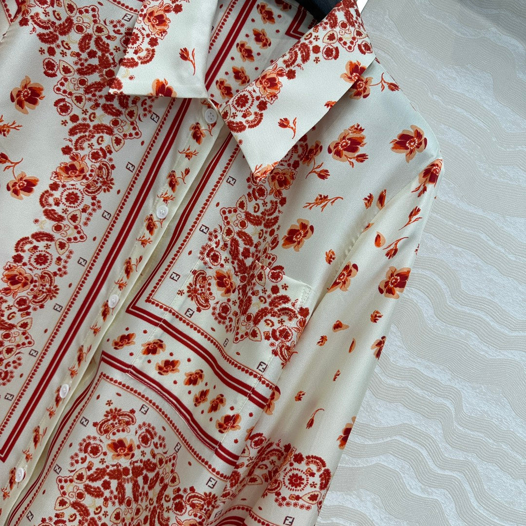 Fendi Flower Shirt Red Silk