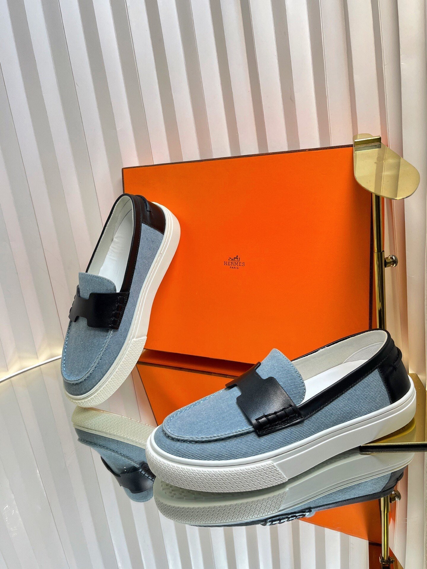 HM Denim Casual Loafer Blue Black Cowhide Cloth 317067