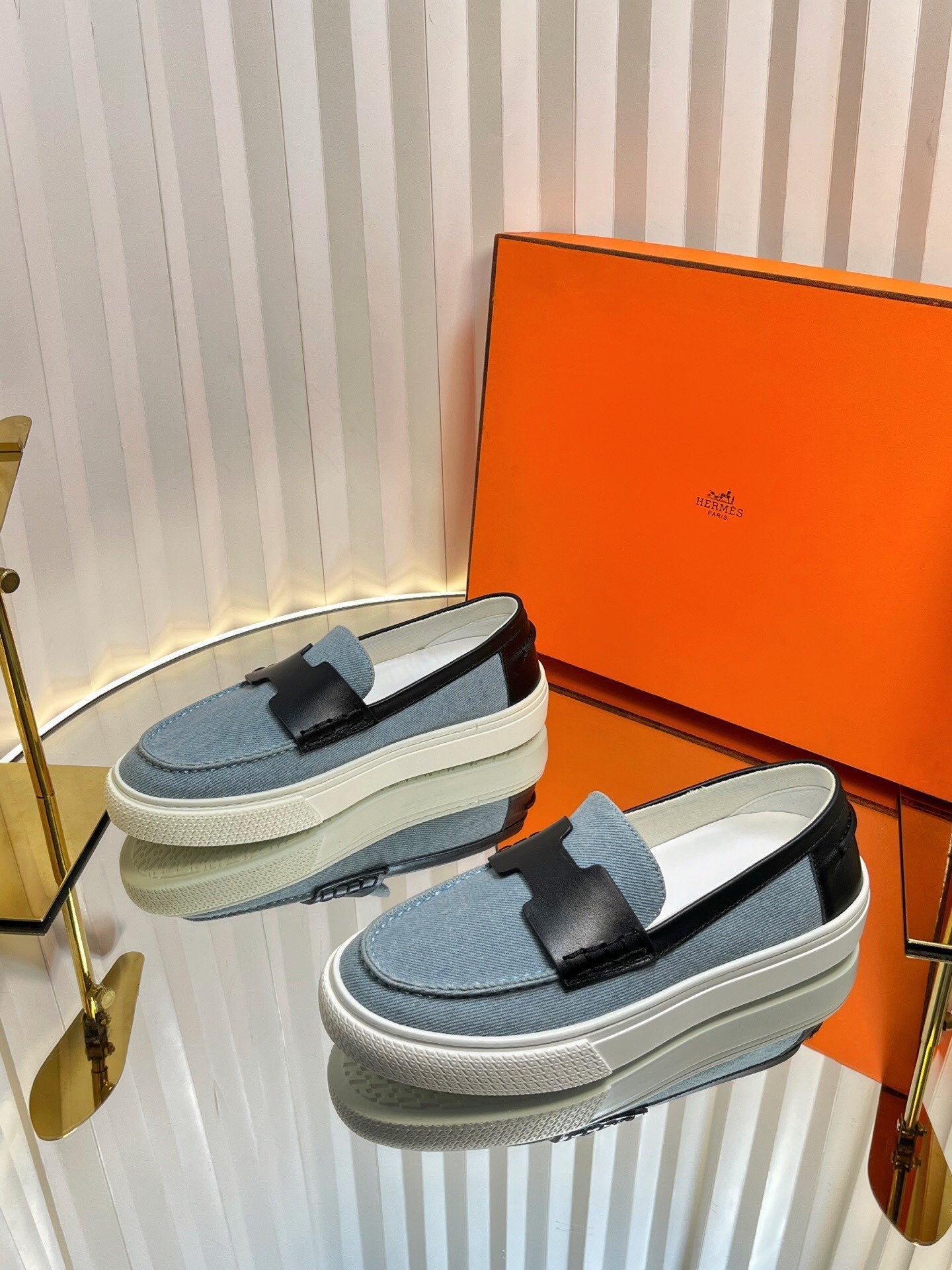 HM Denim Casual Loafer Blue Black Cowhide Cloth 317067