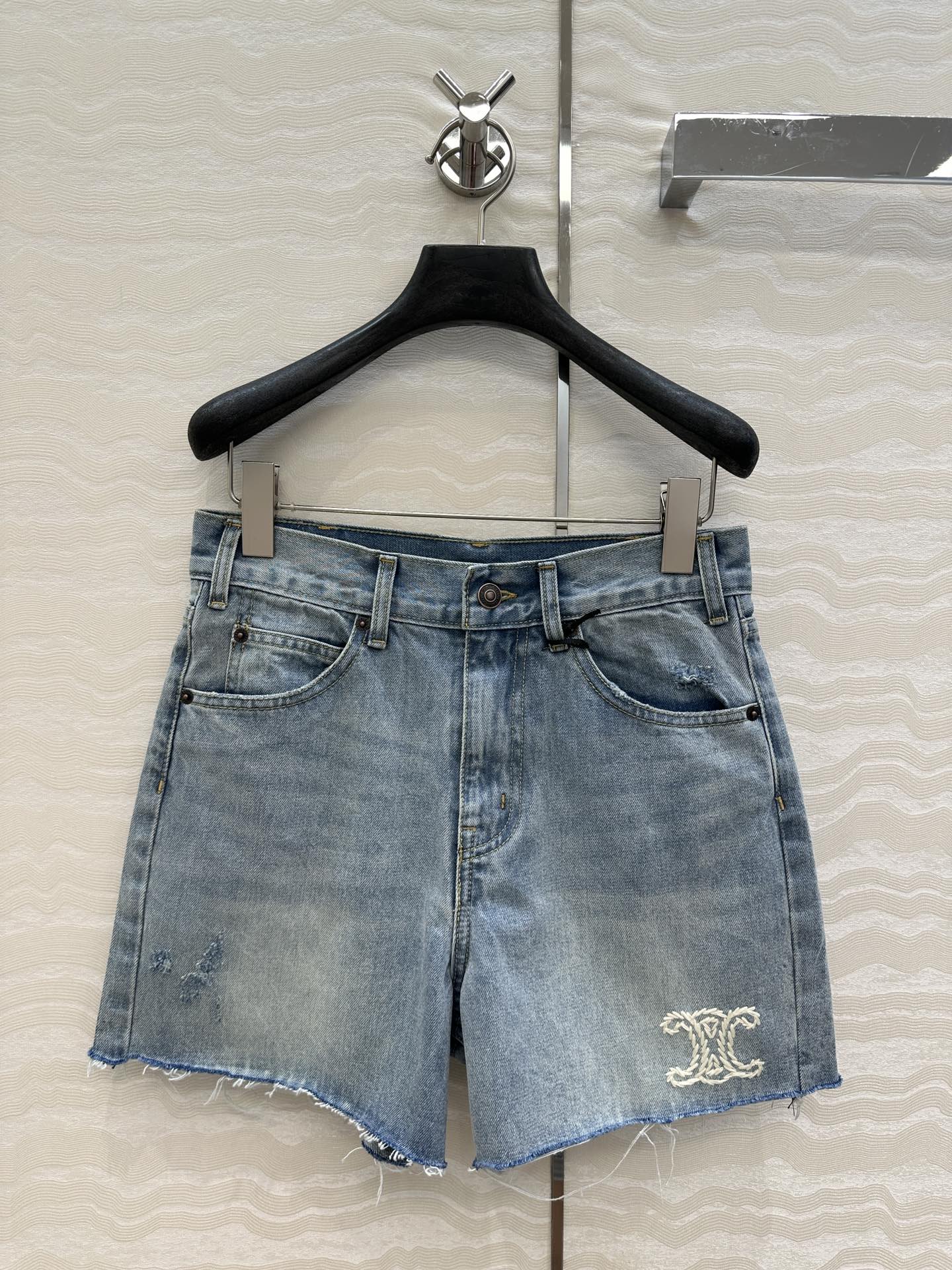 Celine Logo Embroided Denim Short Light Blue Cotton
